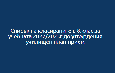 Списък на класираните в 8.клас за учебната 2022/2023г до утвърдения училищен план-прием
